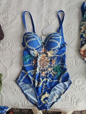 Blue Chain & Medallion One-Piece Swimsuit with Structured Cups